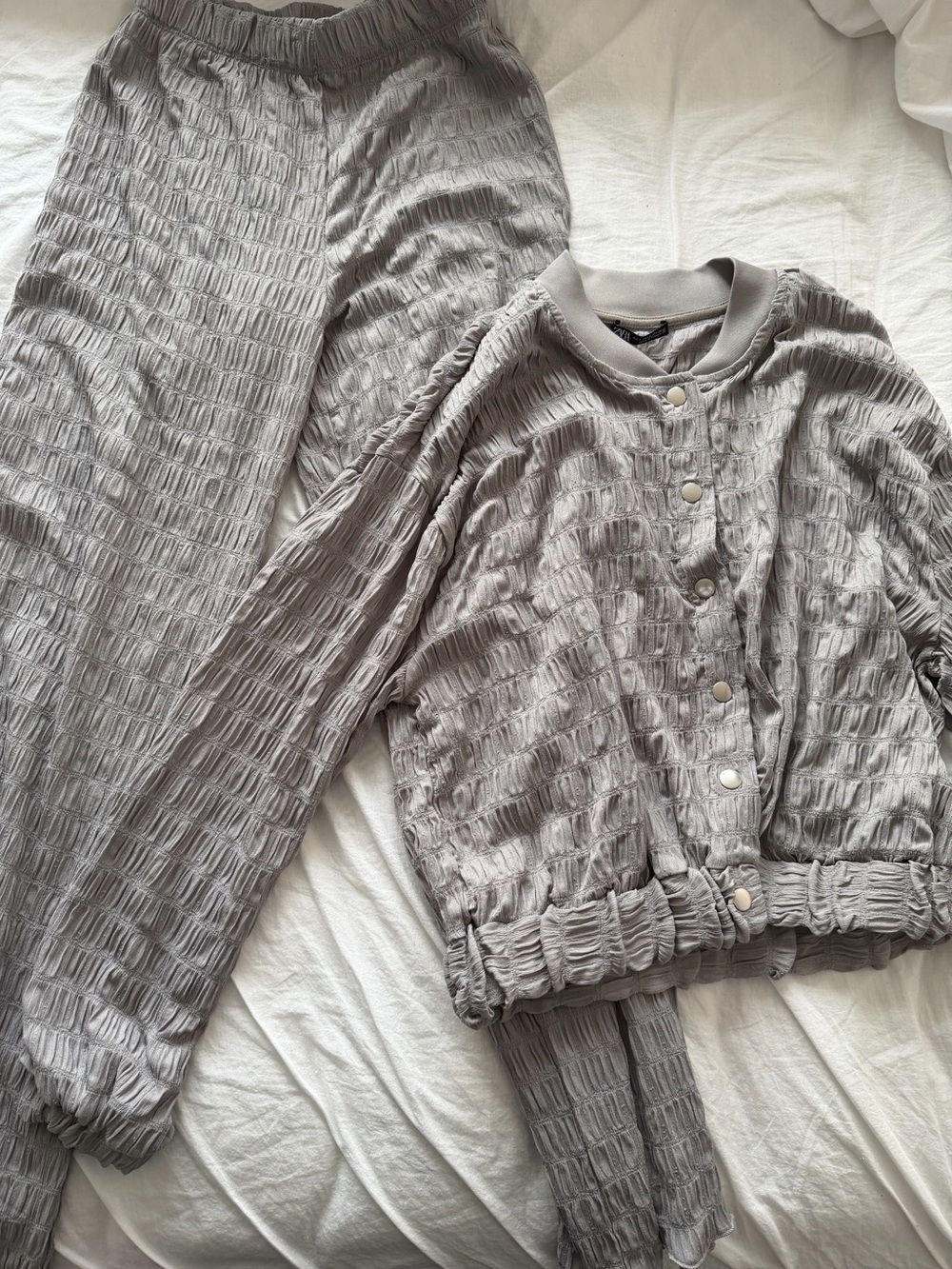 Zara Light Gray Textured Track Pants & Bomber Jacket Set